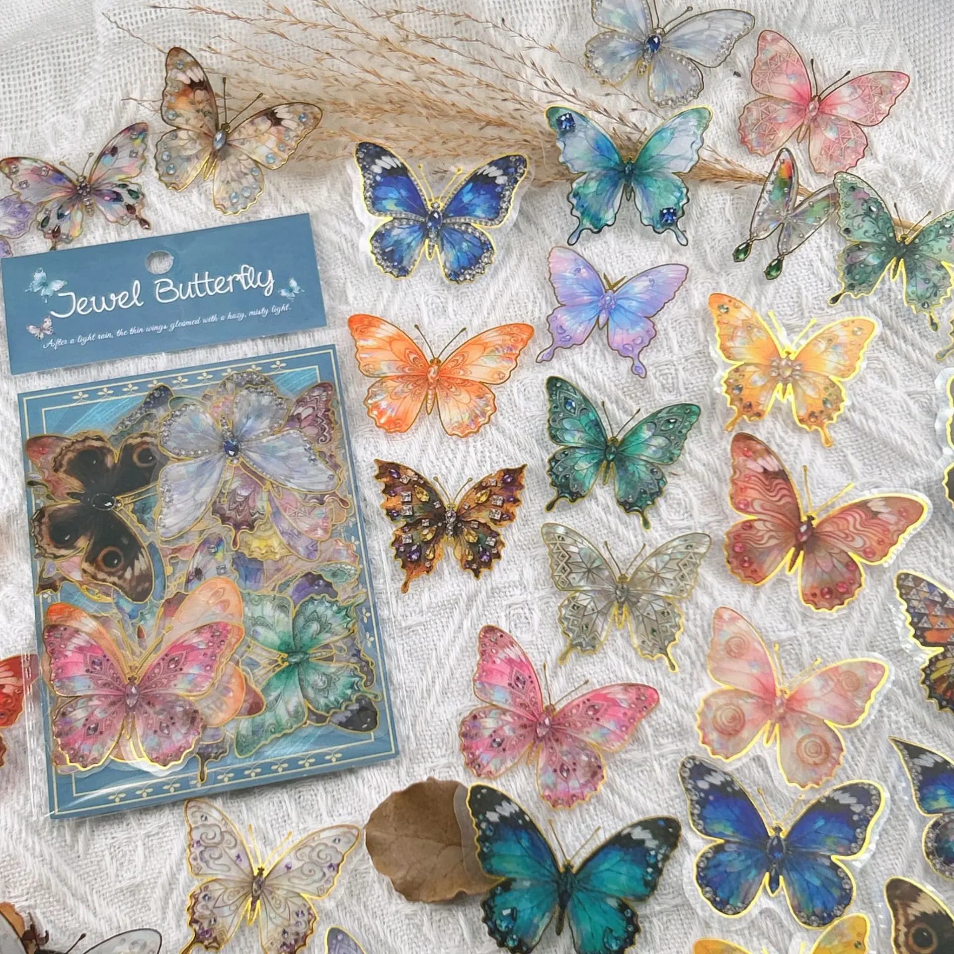 50PCS Colorful Jewelry Butterfly Gold Foil Sticker Decor Guitar Laptop Notebook Waterproof Pack Transparent PET Stickers