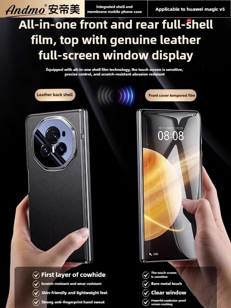 [Case and film integration] for Honor Magic V3 Case New leather center axis hinge all-inclusive protective belt lens holder case