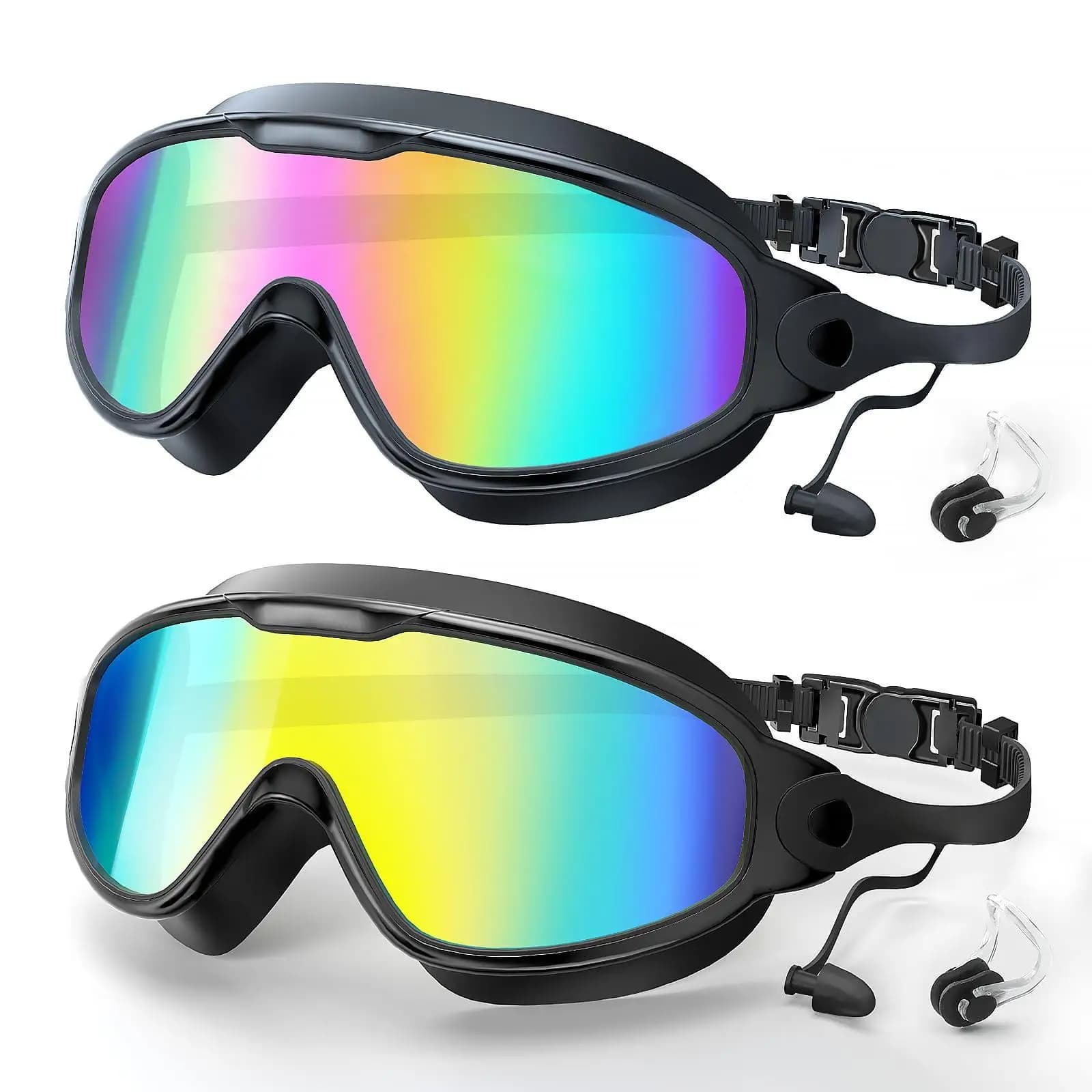 2 Pack Adult Wide View Swim Goggles, Anti-Fog UV Protection Goggles with Earplugs & Nose Clips for Men Women