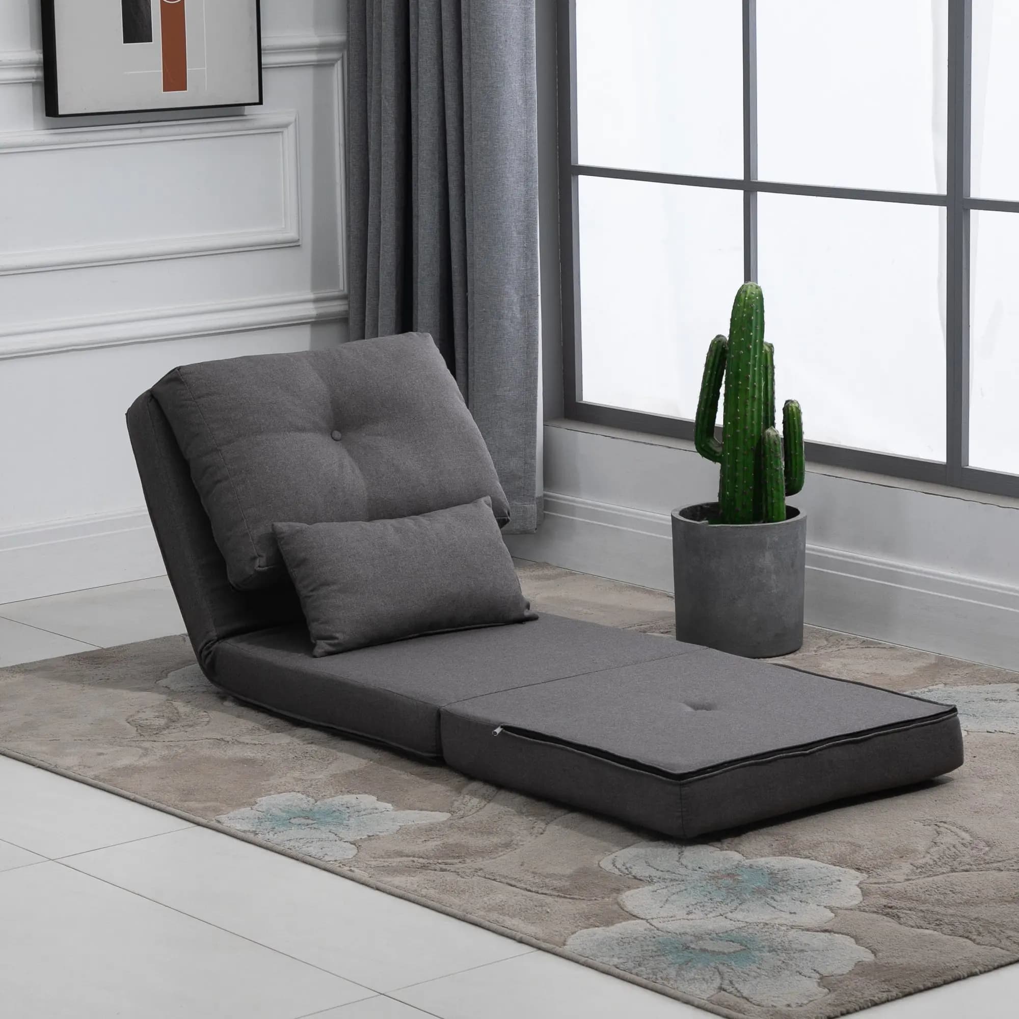 Folding Floor Sofa Chair 5 Level Adjustable Backrest 105 To 180 Degree Bed with 2 Pillows Linen Steel Frame Dark Grey