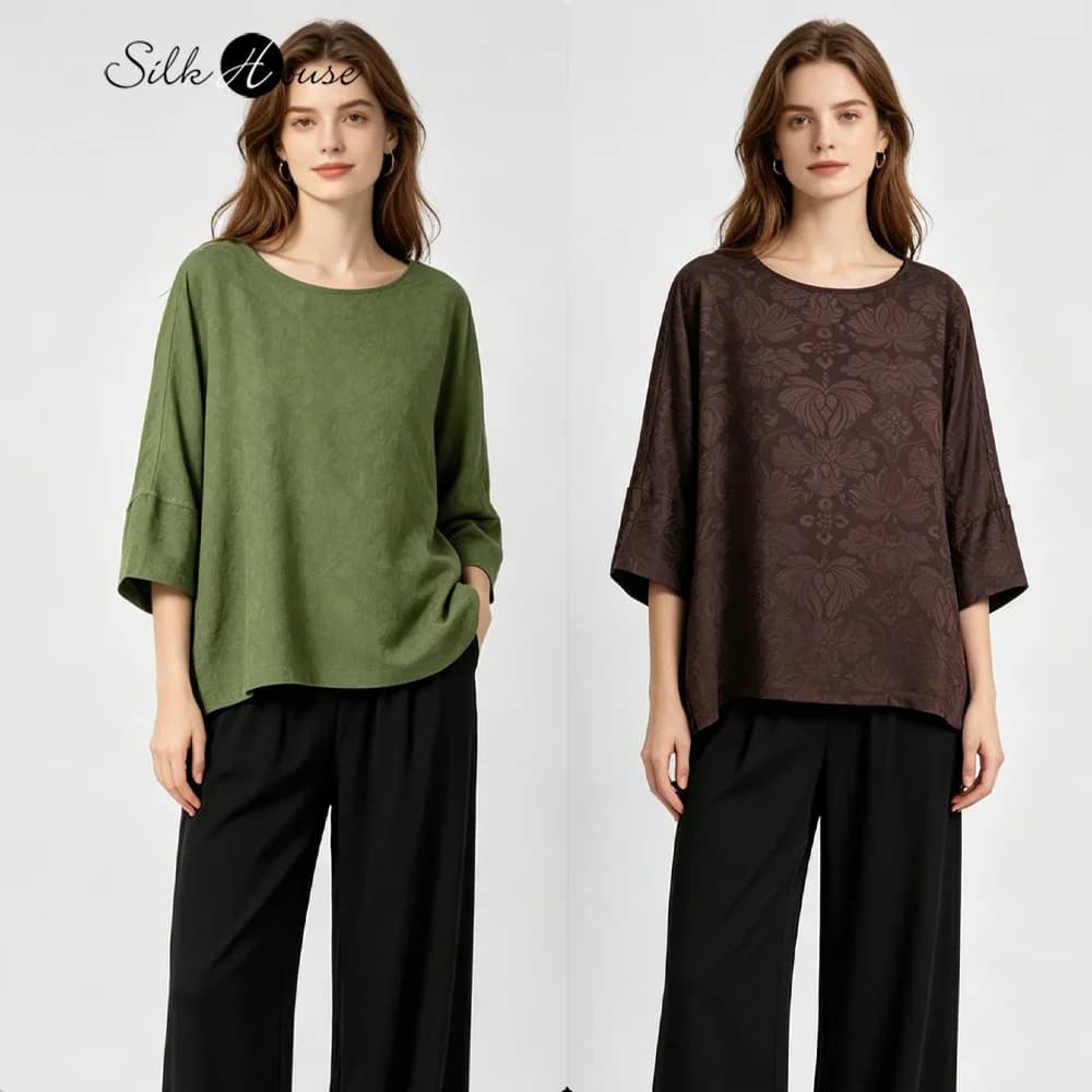 Plus Size Women's Casual Summer New Purple 100%Natural Mulberry Silk Fragrant Cloud Yarn Round Neck Three-quarter Sleeve T-shirt
