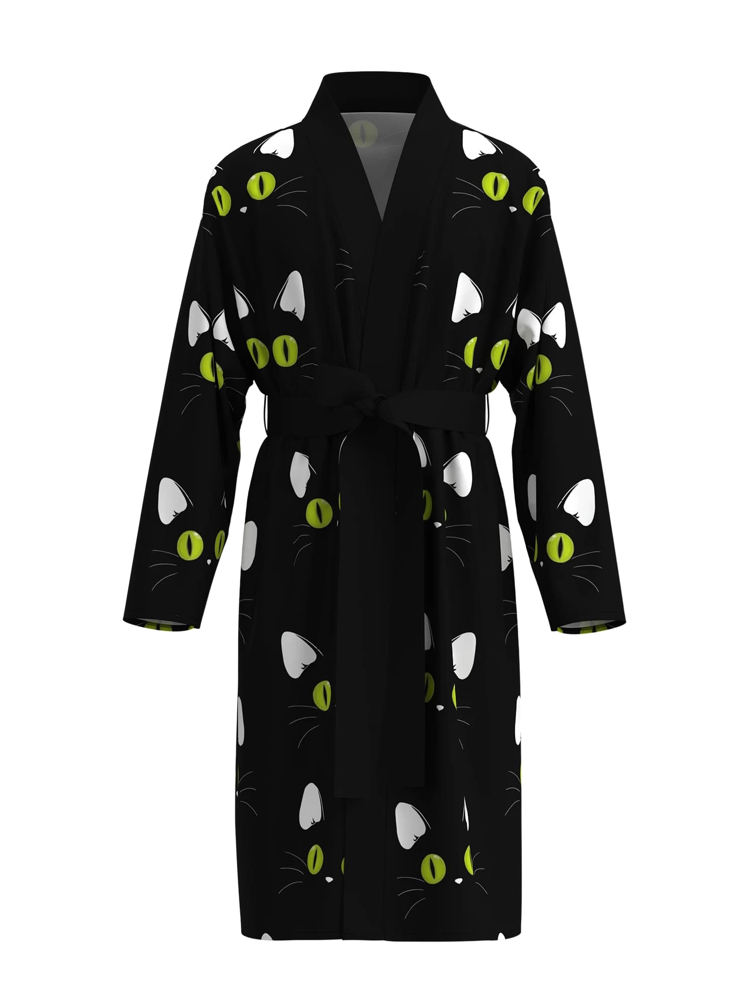 Men's cool black cat silhouette printed bathrobe, mysterious green-eyed cat pattern long-sleeved home clothes, casual nightgown