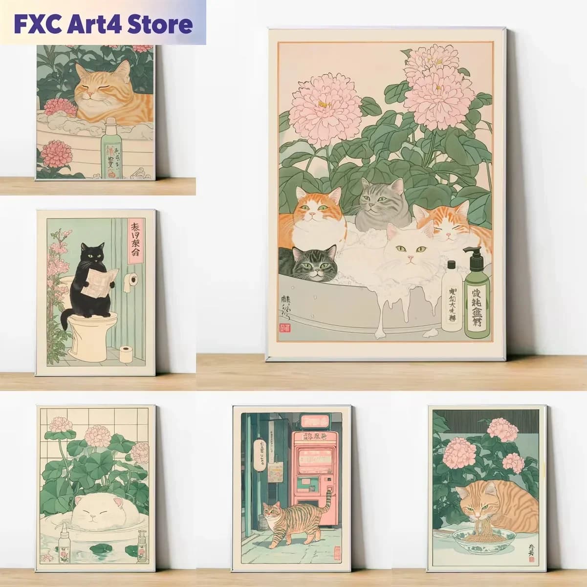Frameless Cat in the Bathtub Japanese Vintage Classic Tiger Cat Wall Art Japanese Bathroom Toilet Poster Home Living Room Bedroo