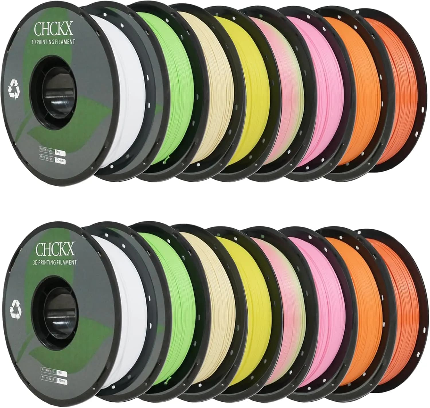 Confezione di Filamenti PLA per Stampante 3D da 16KG, 1,75mm, 10 Colori Inclusi Bianco, Rosa, Pesca
