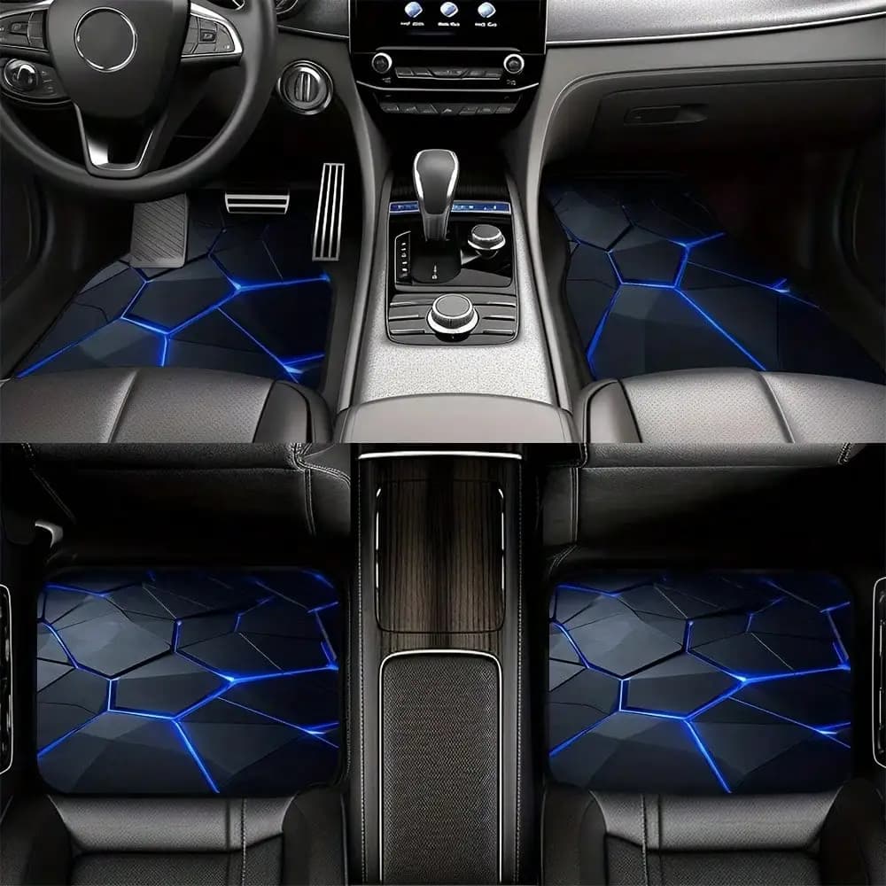 4 car mats with abstract dark geometric motifs, suitable for commercial or business vehicles, interior cars.