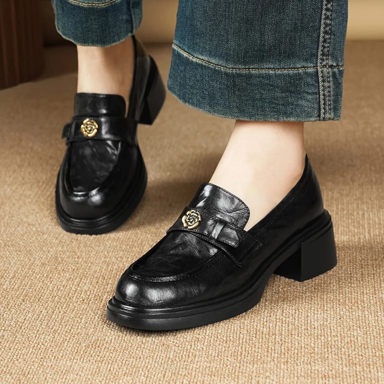 Nuove Scarpe da Donna in Pelle con Tacco Grosso e Alto, Mocassini Slip-on Eleganti