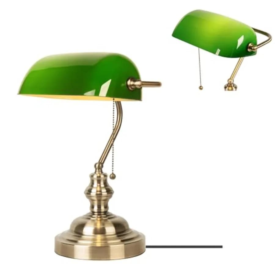 Lampade da scrivania in vetro verde, lampade da biblioteca tradizionali con base in ottone, con interruttore a catenella, attacco E26, lampada da scrivania vintage per