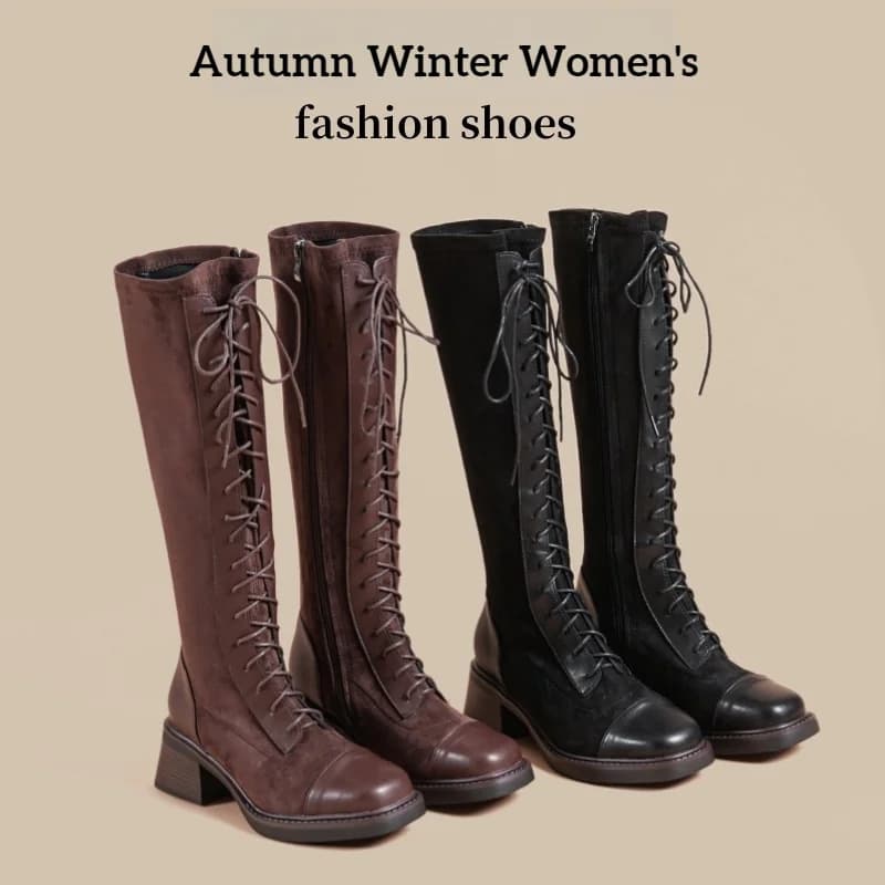 Designer Brand Women's Cross Lace Up Knee High Boots Winter 2026 New Woman Goth Motorcycle Boots Trend Chelsea Mujer Botas