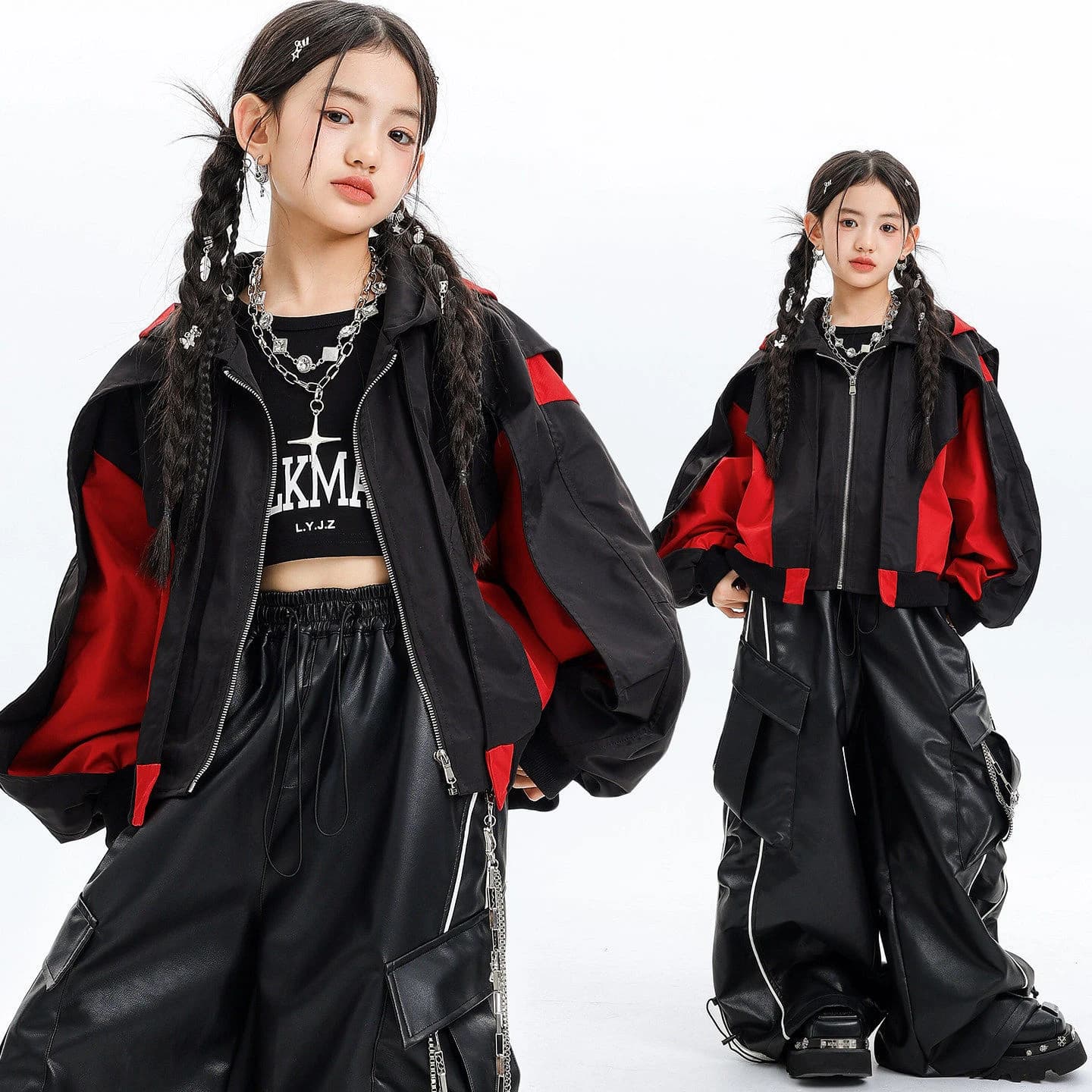 Abbigliamento Hip Hop Kpop per Bambini, Giacca Corta con Cappuccio Nera e Rossa, Pantaloni Cargo a Righe in Pelle PU per Ragazze, Costume da Danza di Strada