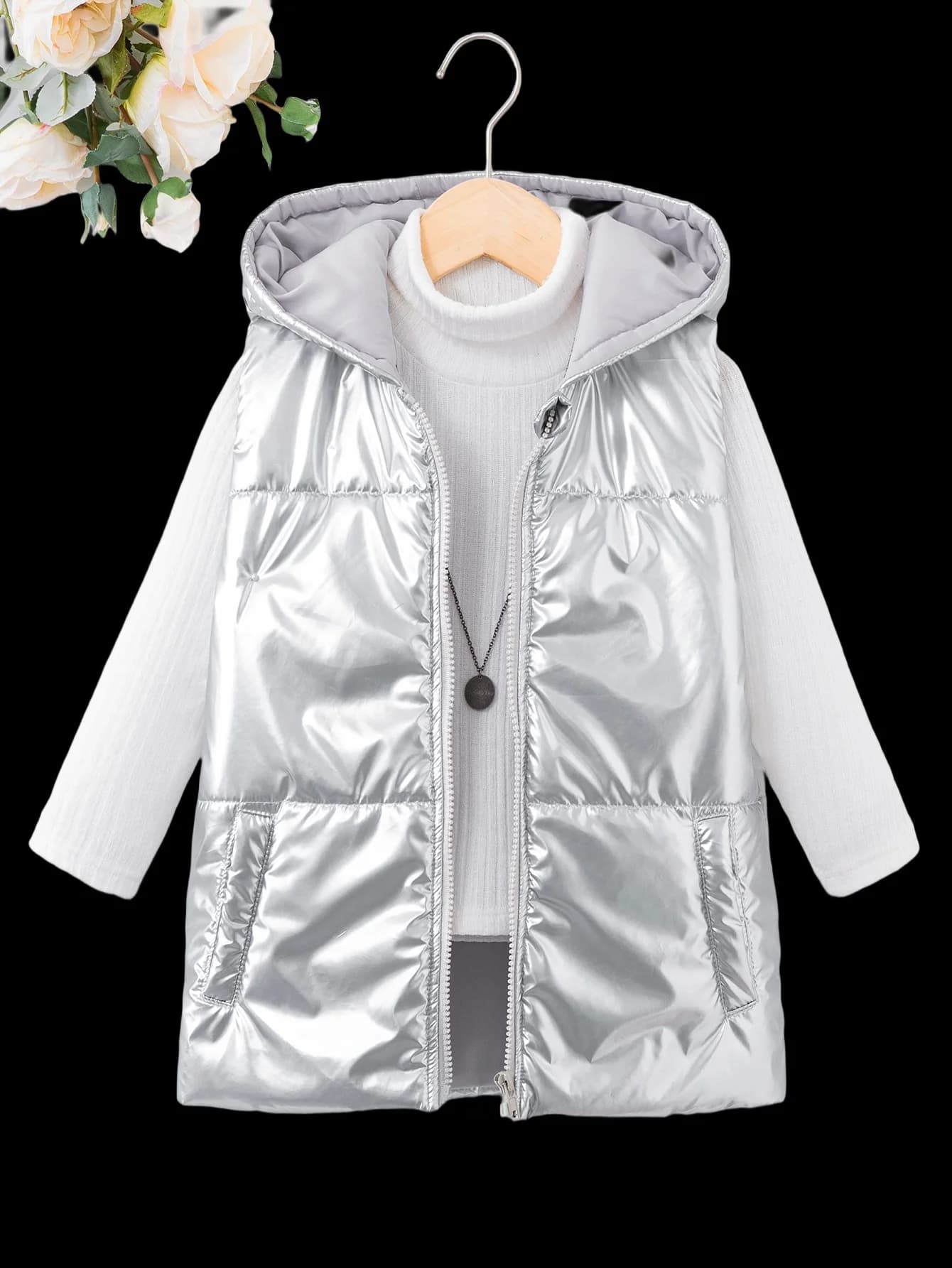 Cappotto invernale imbottito in cotone per bambini e ragazze con lavaggio del viso brillante, cappotto con cappuccio in argento antivento e impermeabile