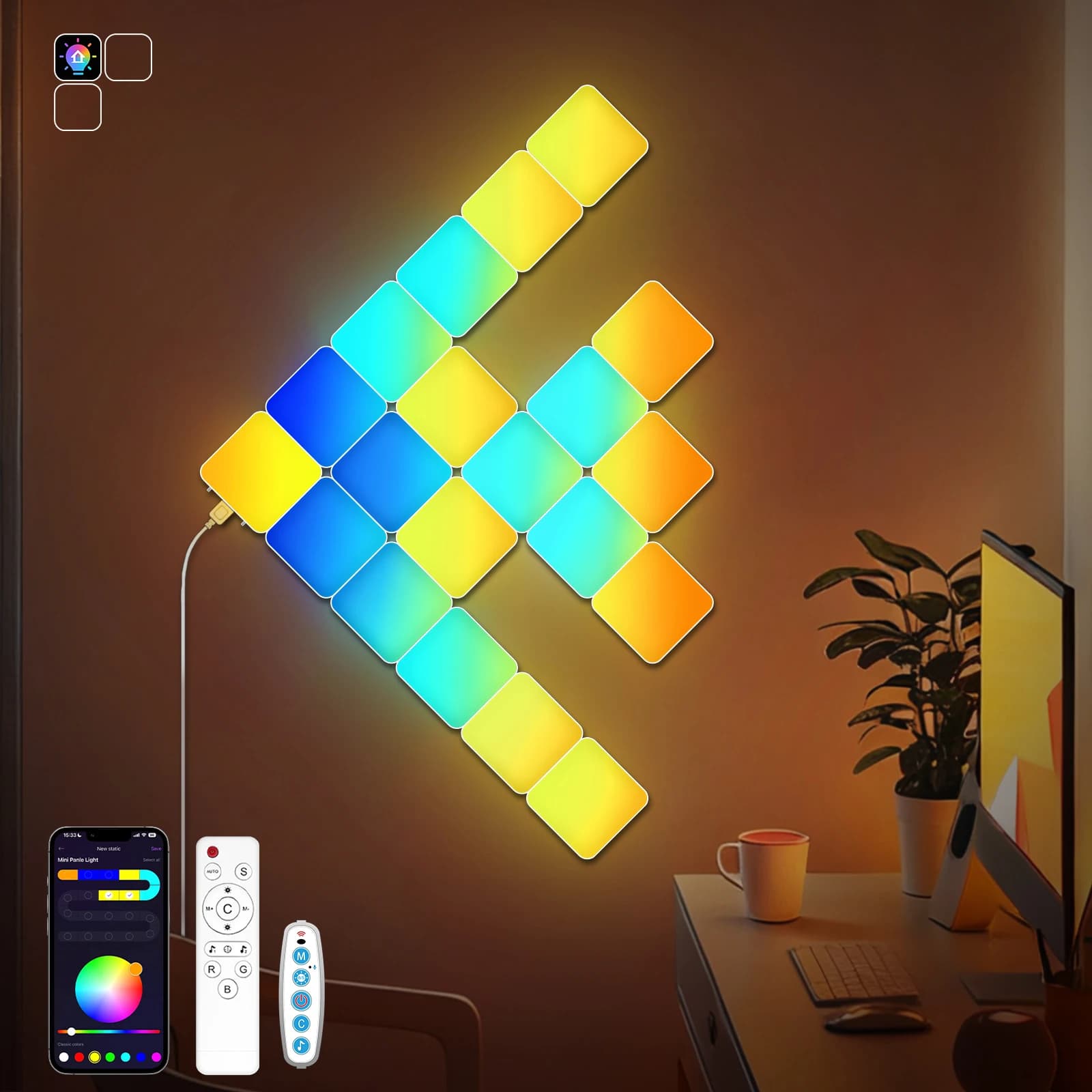 Kit di Illuminazione a Parete LED Smart Grid - Cambio Colore RGB con Controllo App e Musica, Pannelli Retroilluminati Creativi Fai-da-Te per Sala Giochi e Camera da Letto