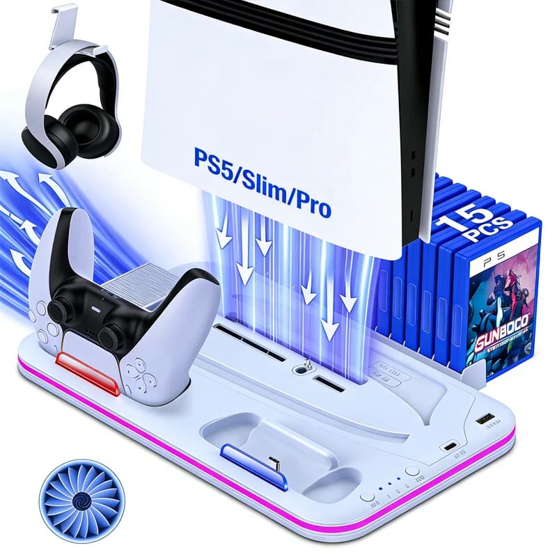 Luci RGB Supporto di raffreddamento turbo con stazione di ricarica del controller per accessori per supporto per cuffie per archiviazione disco di gioco PS5/Slim/Pro