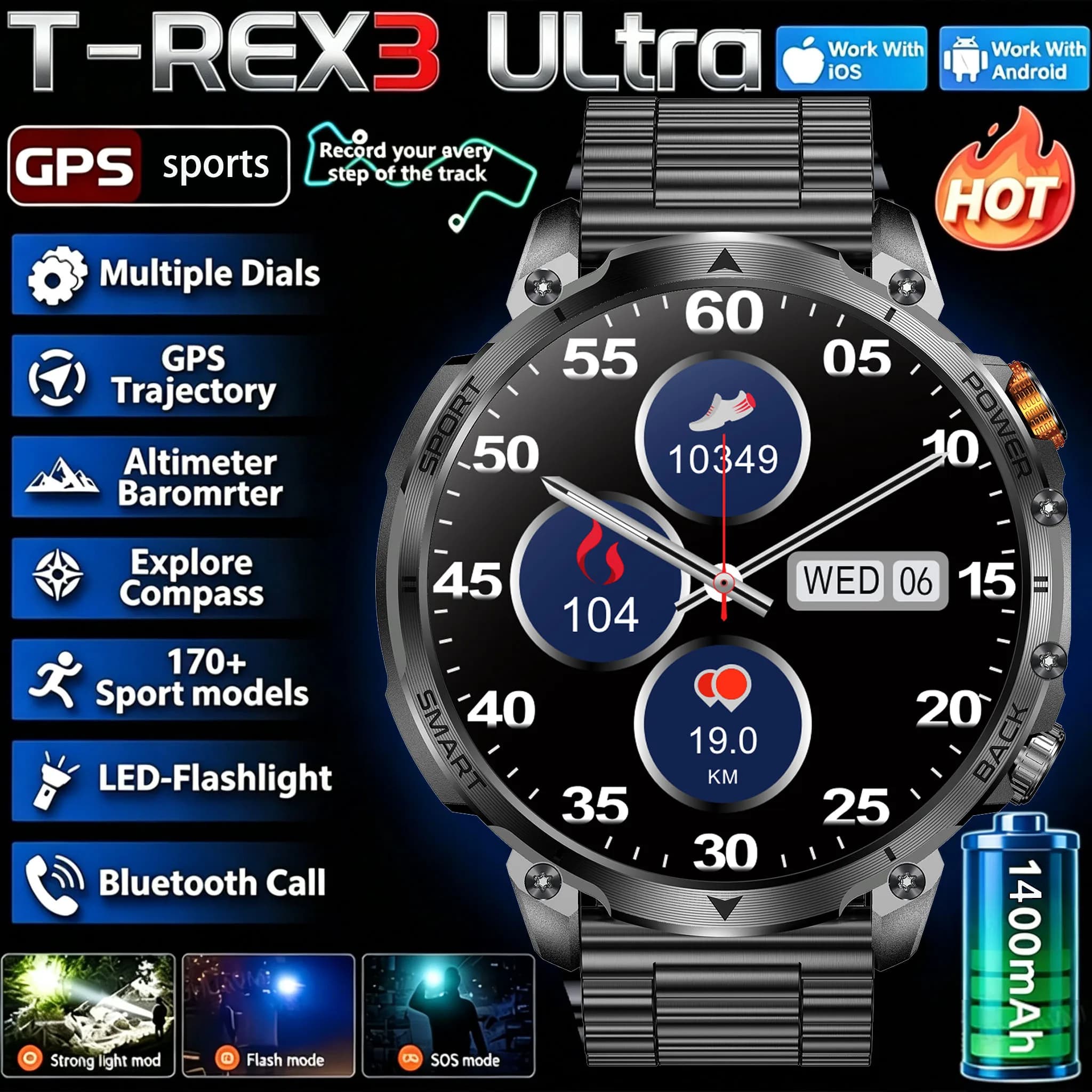 New outdoor GPS path 1.46"100+sport Bluetooth calling Smart Watch IP68 Waterproof Sports Run tracker Outdoors Compass Smartwatch