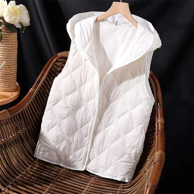 2024 New White Down Cotton Vest Jacket donna gilet imbottito senza maniche con cappuccio abbigliamento esterno gilet autunno inverno gilet femminile