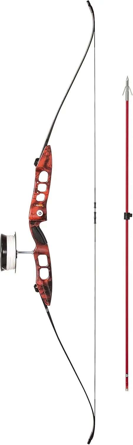 Pacchetto arco da pesca con l'arco per bastoncini da pesca con mulinello, poggiapolsi e freccia a punta Piranha, mano destra, rosso