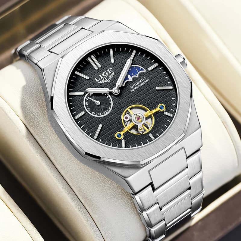 LIGE Luxury Men's Mechanical Wrist Watch Fashion Business Men's Watch Waterproof Men's Sports Watch Montre Homme + SCATOLA
