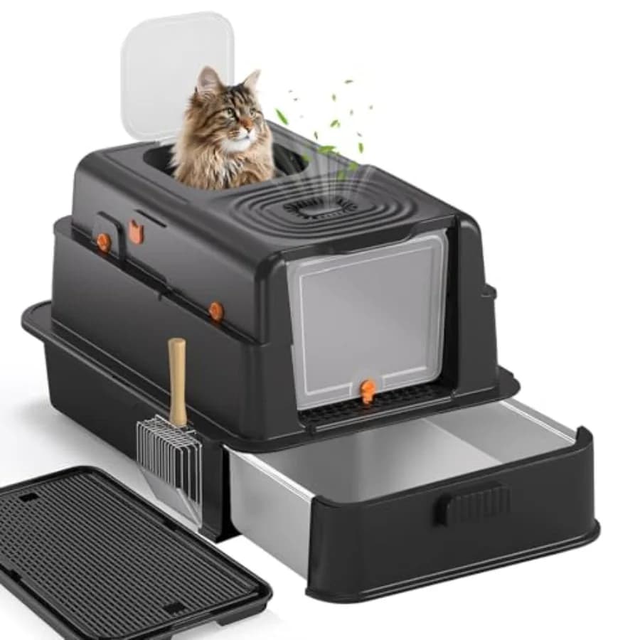 Lettiera XL Extra Large in Acciaio Inossidabile con Coperchio e Cassetto per Gatti Grandi, Lettiera Metallica a Bordi Alti con Paletta Frontale Superiore