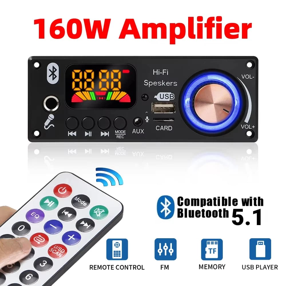 160W FAI DA TE Casa Amplificatore Digitale MP3 Scheda di Decodifica 12V 2*80W Potenza Audio 6.5 millimetri Microfono FM Radio TF USB Auto Audio lettore musicale