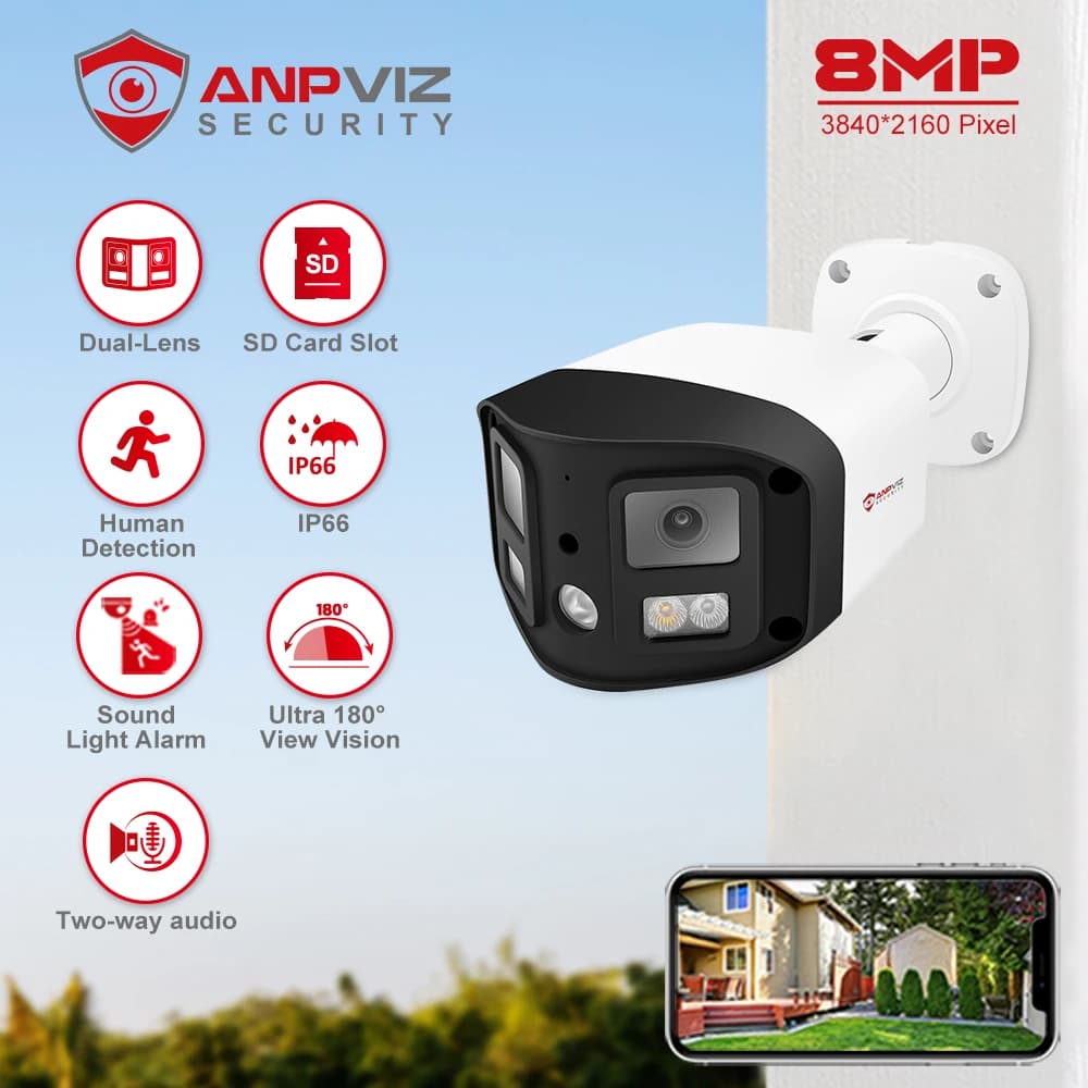 Telecamera POE Anpviz da 8 MP con doppio obiettivo ultra ampio Angel 180 ° Allarme di avviso audio con rilevamento umano a colori per telecamera di sicurezza panoramica