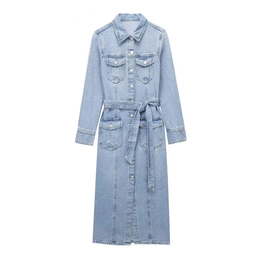 Abito in Denim da donna primavera autunno abito lungo con colletto rovesciato a maniche lunghe con cintura abiti monopetto con tasche solide alla moda