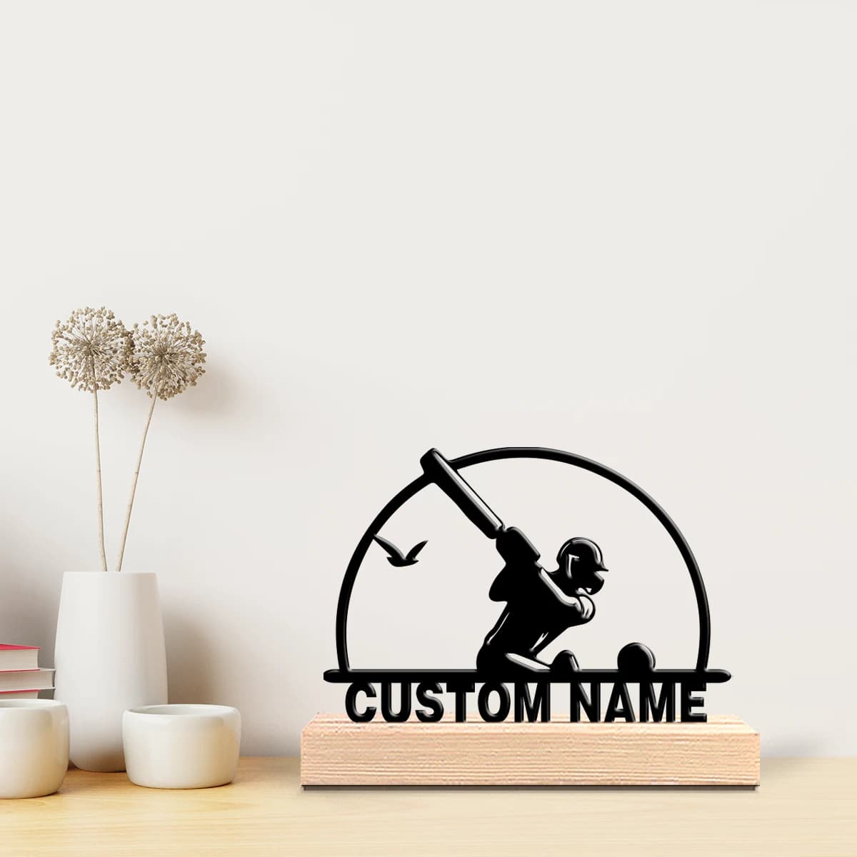 Statua in Metallo Personalizzata a Tema Baseball con Base in Legno, Decorazione da Tavolo per Cucina Rustica con Cornice in Legno
