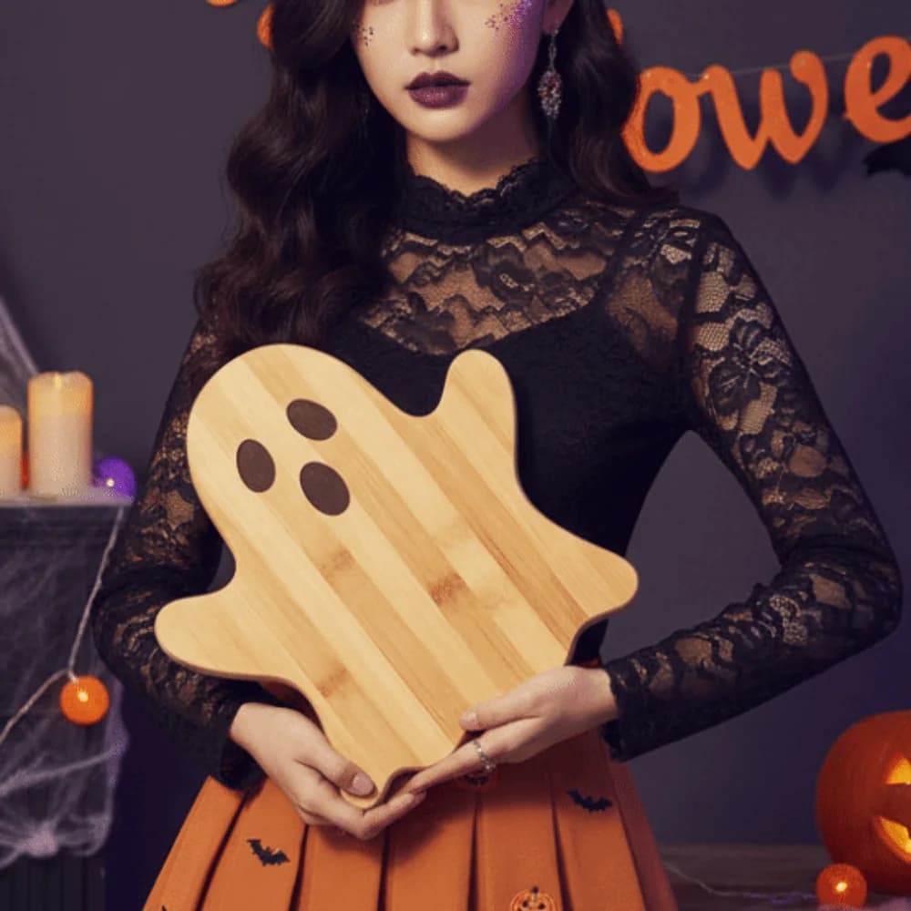 1pair Solid Wood Pumpkin Cutting Board Pumpkin Shaped Smooth Edge Ghost Serving Tray Food Safe Eco-Friendly