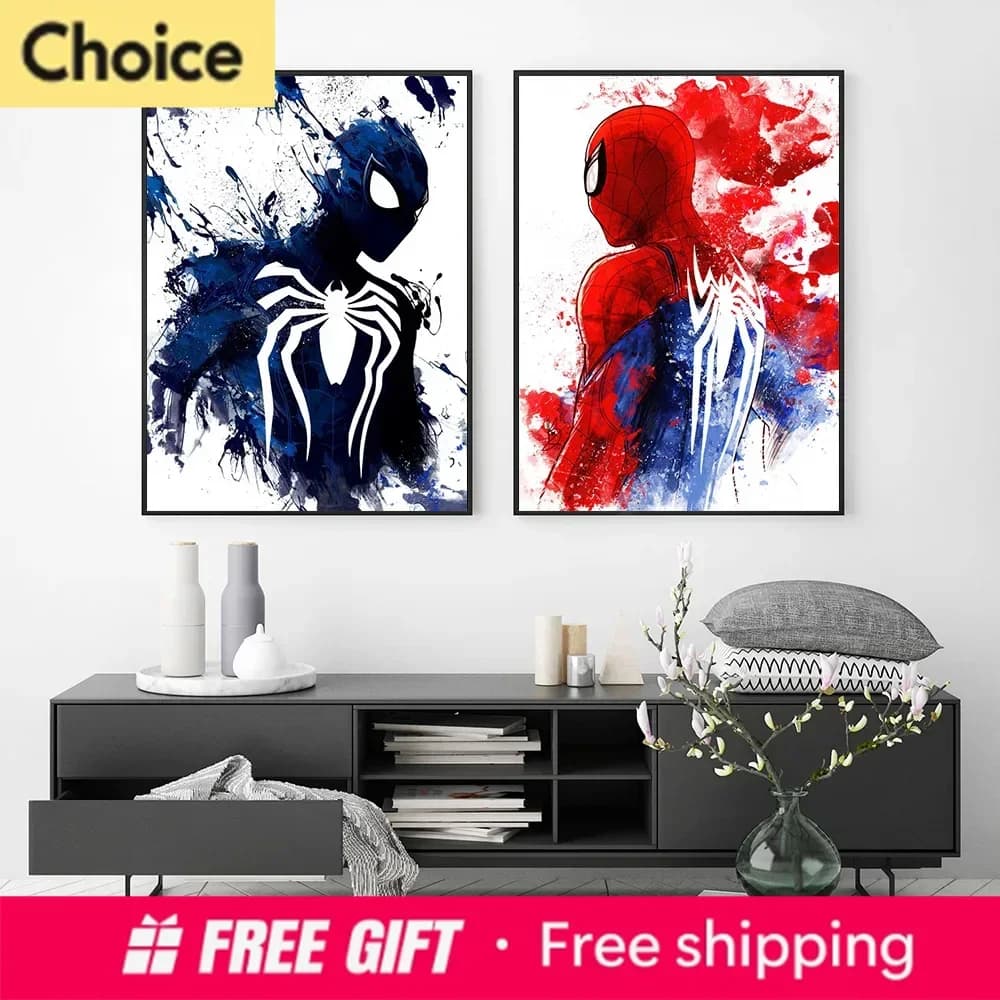 Watercolor SpiderMan Superhero Diamond Print Posters, Marvel Movie Modern Home Wall Art Painting, Room Decor Murals