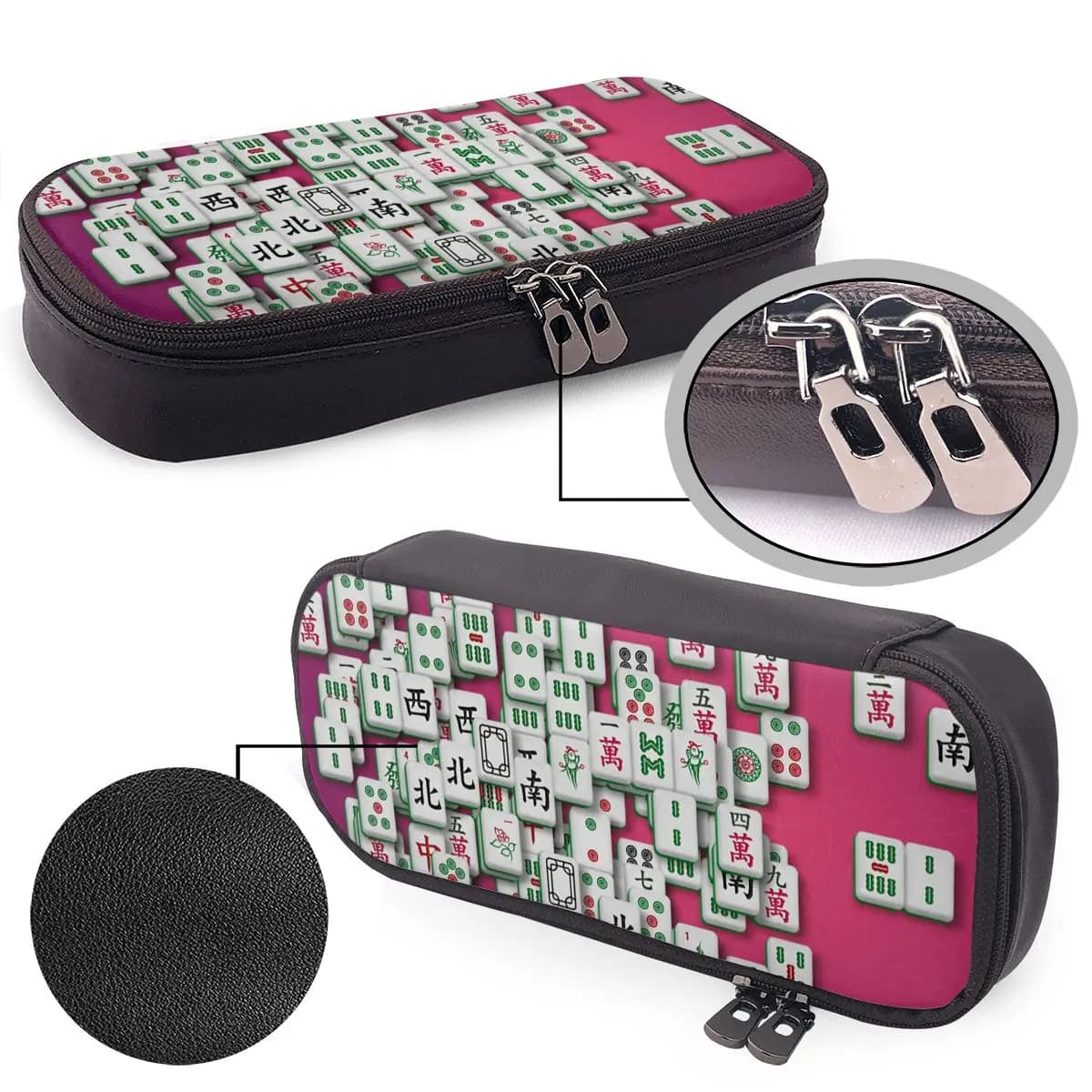Mahjong Tile Pattern Leather Pencil Case for Studen School Pen Box Pencil Bag Stationery Supplies