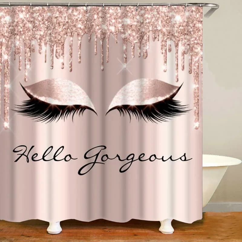 Girly Rose Gold Eyelash Makeup Shower Curtains Bath Curtain Spark Rose Drip Bathroom Curtains Eye Lash Beauty Salon Home Decor