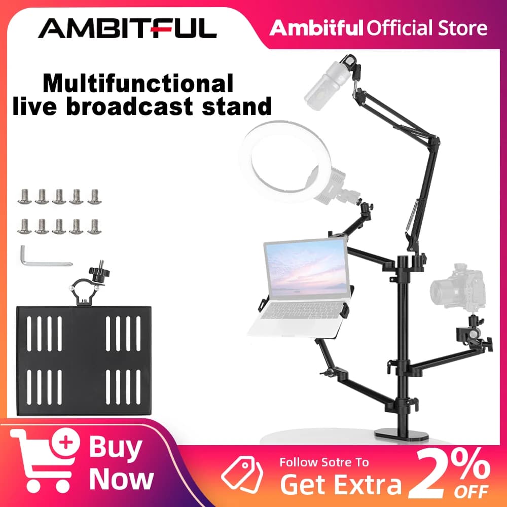 AMBITFUL Extension Arm Brace for monitor with LED light live for shaft with telescopic pole Thousand-hand bracket Table lamp holder 94-155 cm