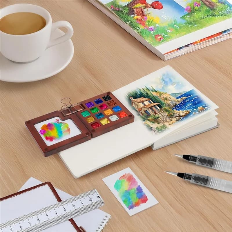 FYBL-Mini Watercolor Paint Set,Portable Paint Palette Travel Kit 15 Grid Wooden Paint Box, Sketch Book With Brush Pens