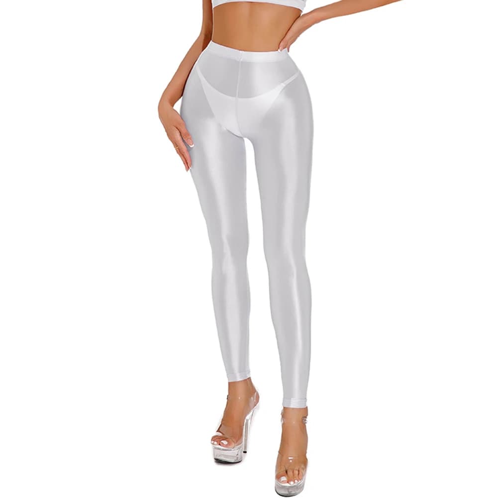 Comodi pantaloni da donna nuovi ed eleganti Pantaloni da yoga da donna Danza quotidiana Discoteca Leggings lucidi Regular Satin Sheer Elastico