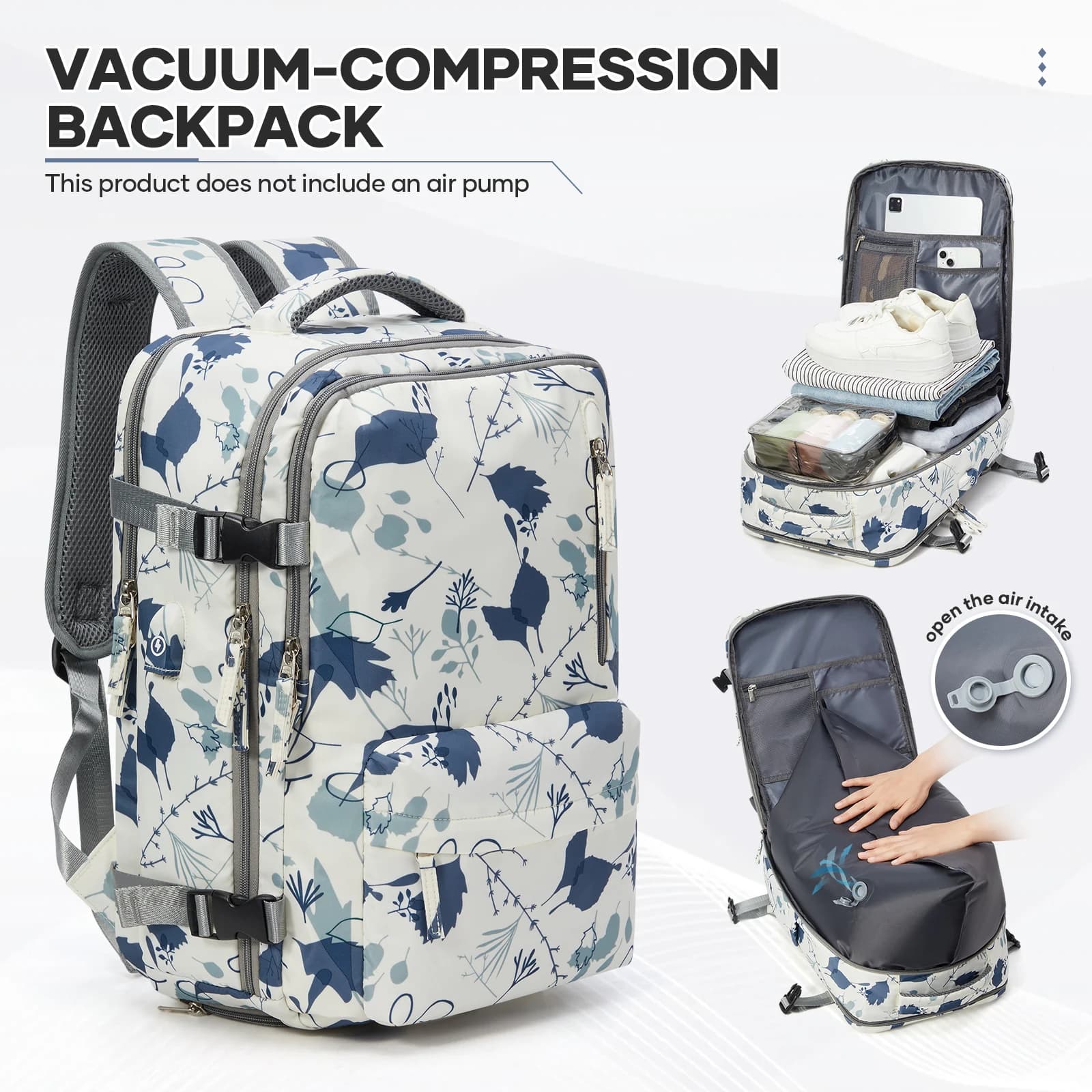 Zaino da viaggio sottovuoto con pompa, zaino da viaggio a compressione sottovuoto salvaspazio per abbigliamento, zaini per laptop da portare avanti