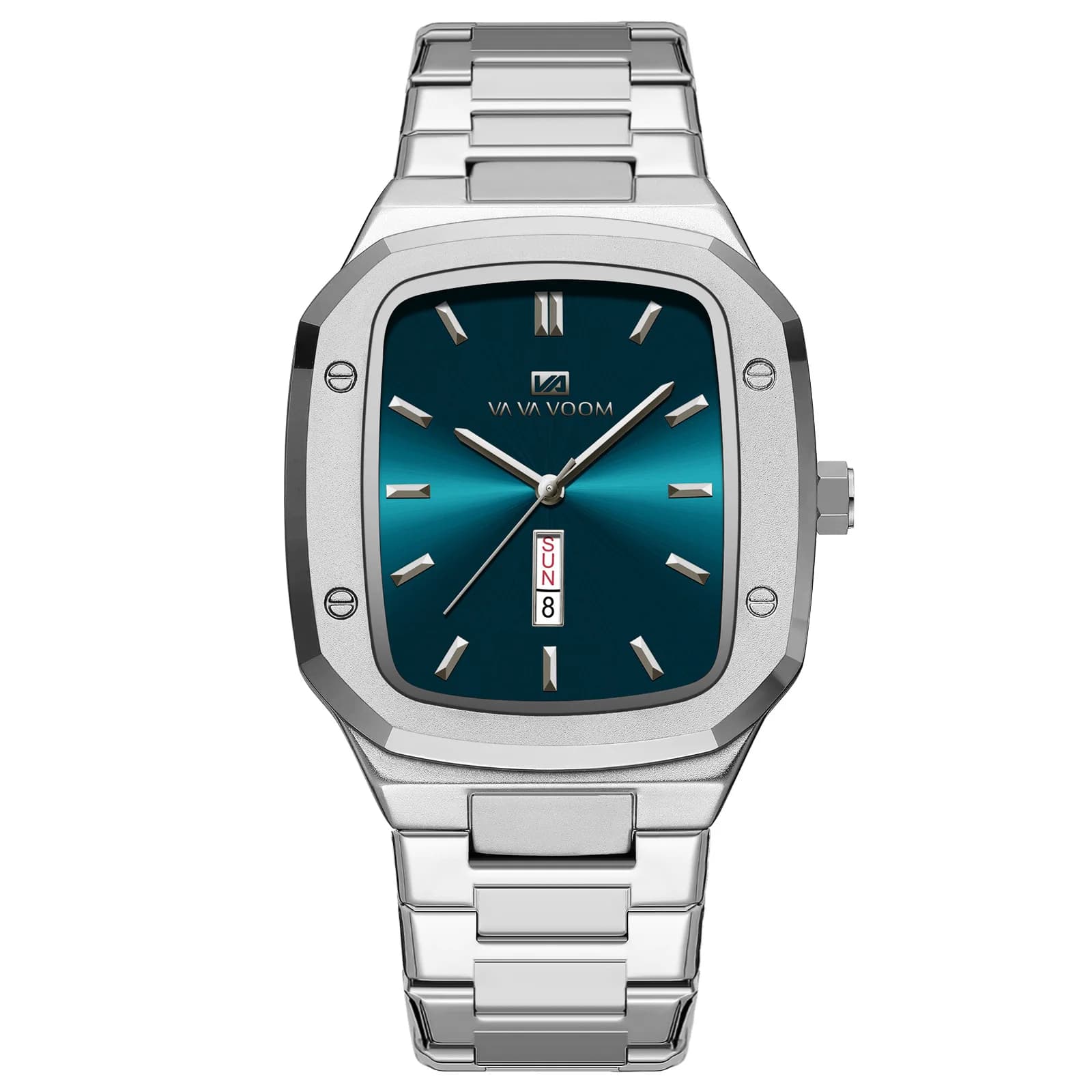 Watch for Men Gradient Teal Blue Dial with Day-Date Display Luxury Casual Business Square Stainless Steel Wristwatch