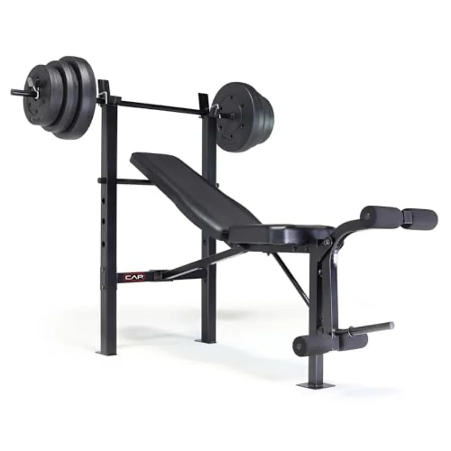 Panca per esercizi a casa con panca per gambe, rivestimento in vinile nero, schienale regolabile, bilanciere e set di piastre in cemento da 100 libbre