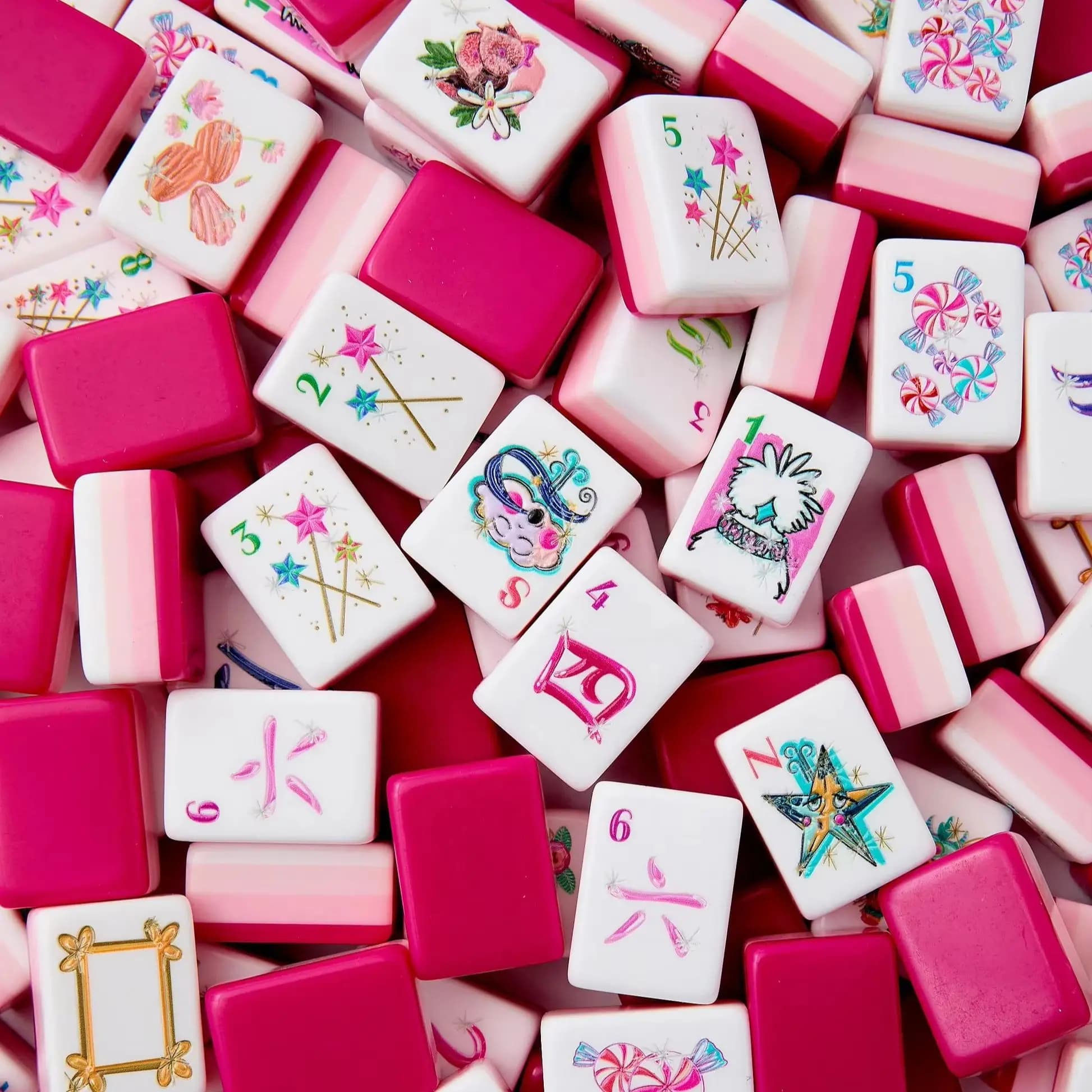 American Mahjong Tile Set Candy Pink Acrylic Mah Jongg Tiles with Colorful Artwork and Tile Pushers