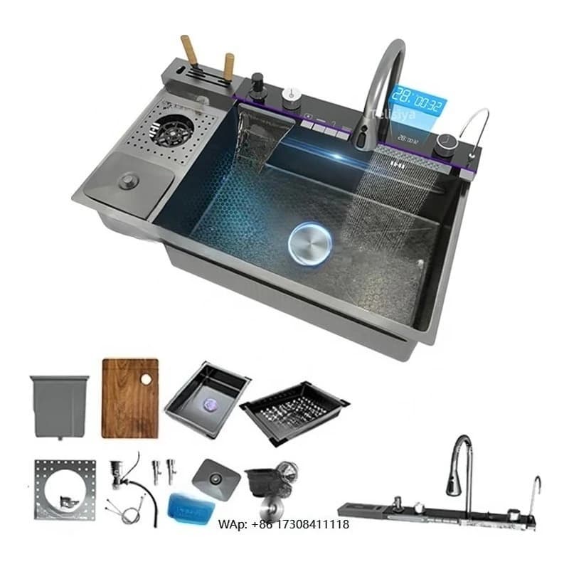Lavello da Cucina Moderno 82x48cm in Acciaio Inox Nero con LED Intelligente, Vasca con Cestino e Lavabicchieri per Hotel