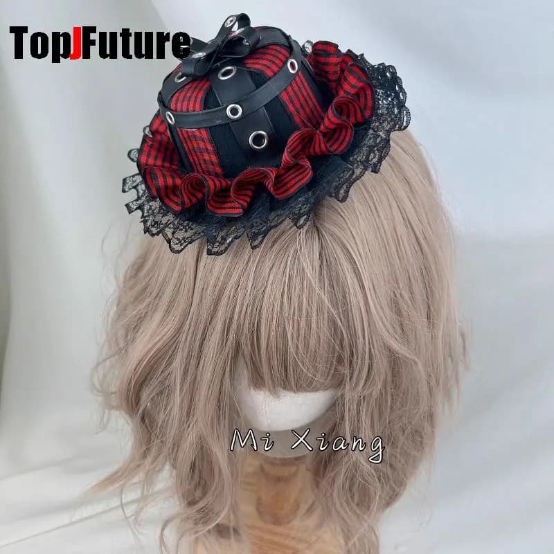 Sottocultura Y2K GIRL Donna Harajuku Steampunk Gotico Lolita Punk Rivetto in pizzo scuro Chiodo a punta Accessorio per fascia per capelli a quadretti rossi