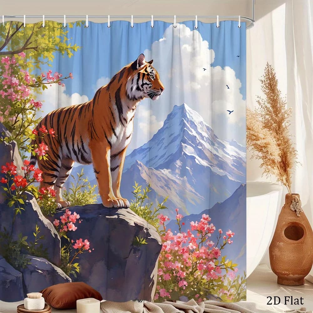 Tenda da doccia con stampa tigre del Bengala e paesaggio montano con fiori, in poliestere, con ganci, per decorazioni naturali