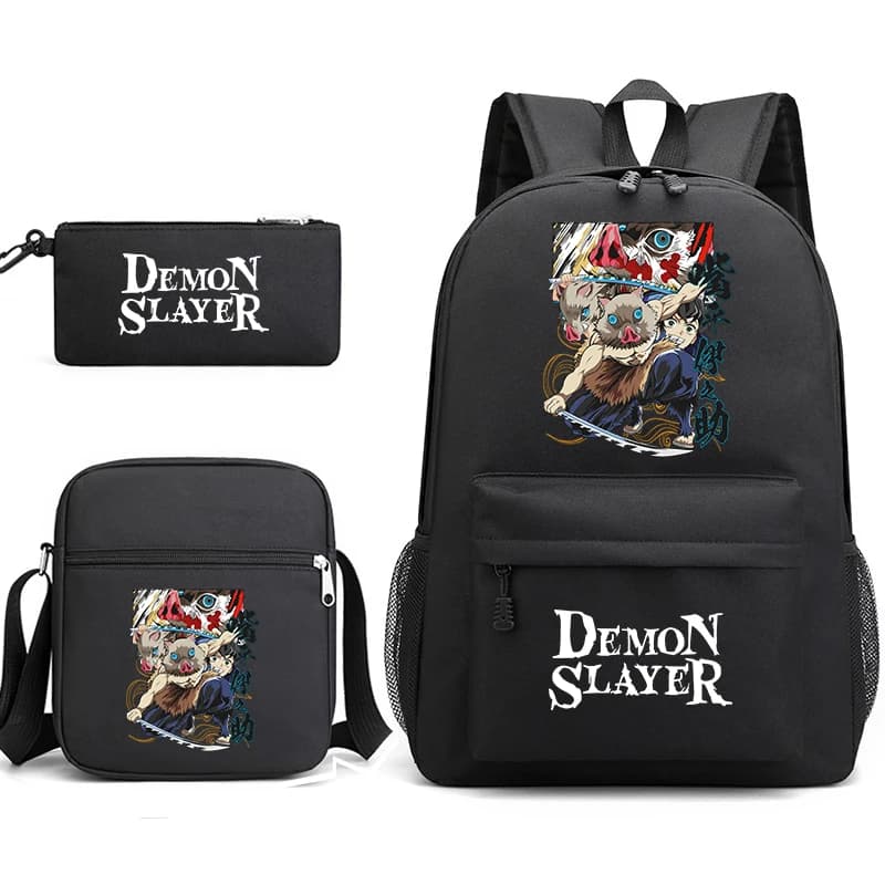 Demon Slayer Inosuke Anime Print Student Backpack Set Shoulder Bag Pencil Case for Boys Girls School Bookbag Lightweight