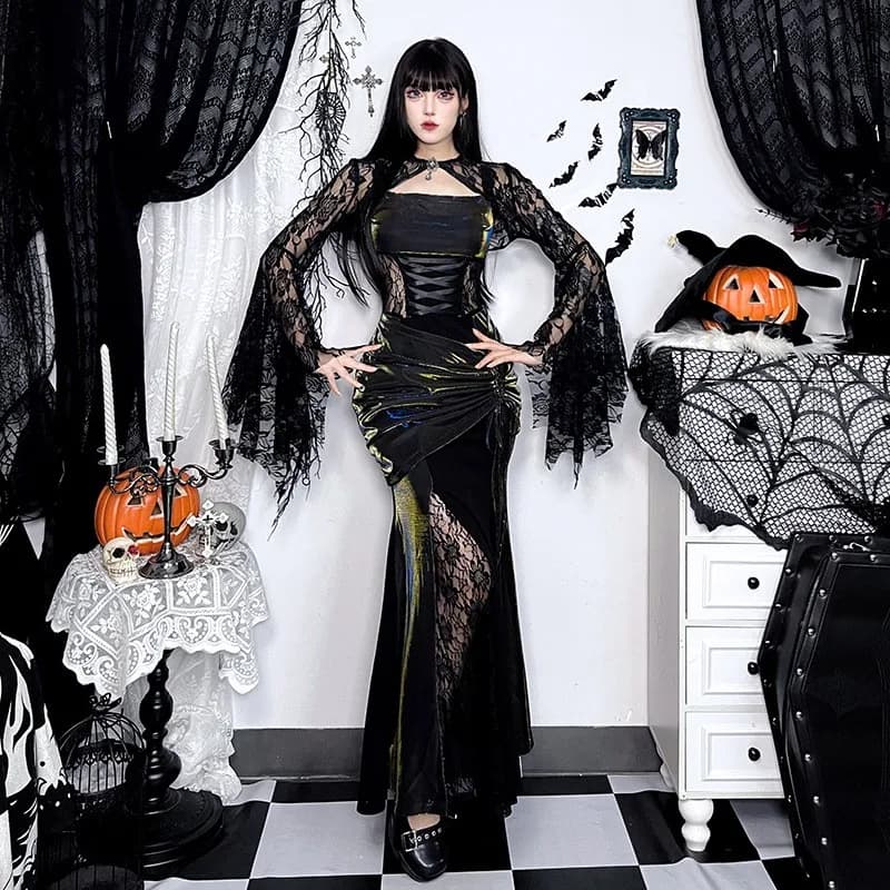 Abito Lungo Sexy per Costume di Halloween, Stile Gotico Oscuro, Outfit da Regina della Notte, Sposa Fantasma, Abbigliamento Trendy per Clubbing e Ospiti di Matrimonio
