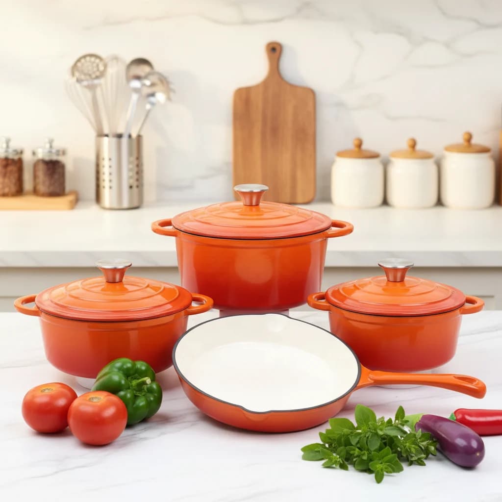 7-piece Modern Durable Enamel Cast Iron Cookware Set Casserole Dutch Oven Multi-Layer Base Non-Stick Frying Pan Stew Pot Cooking