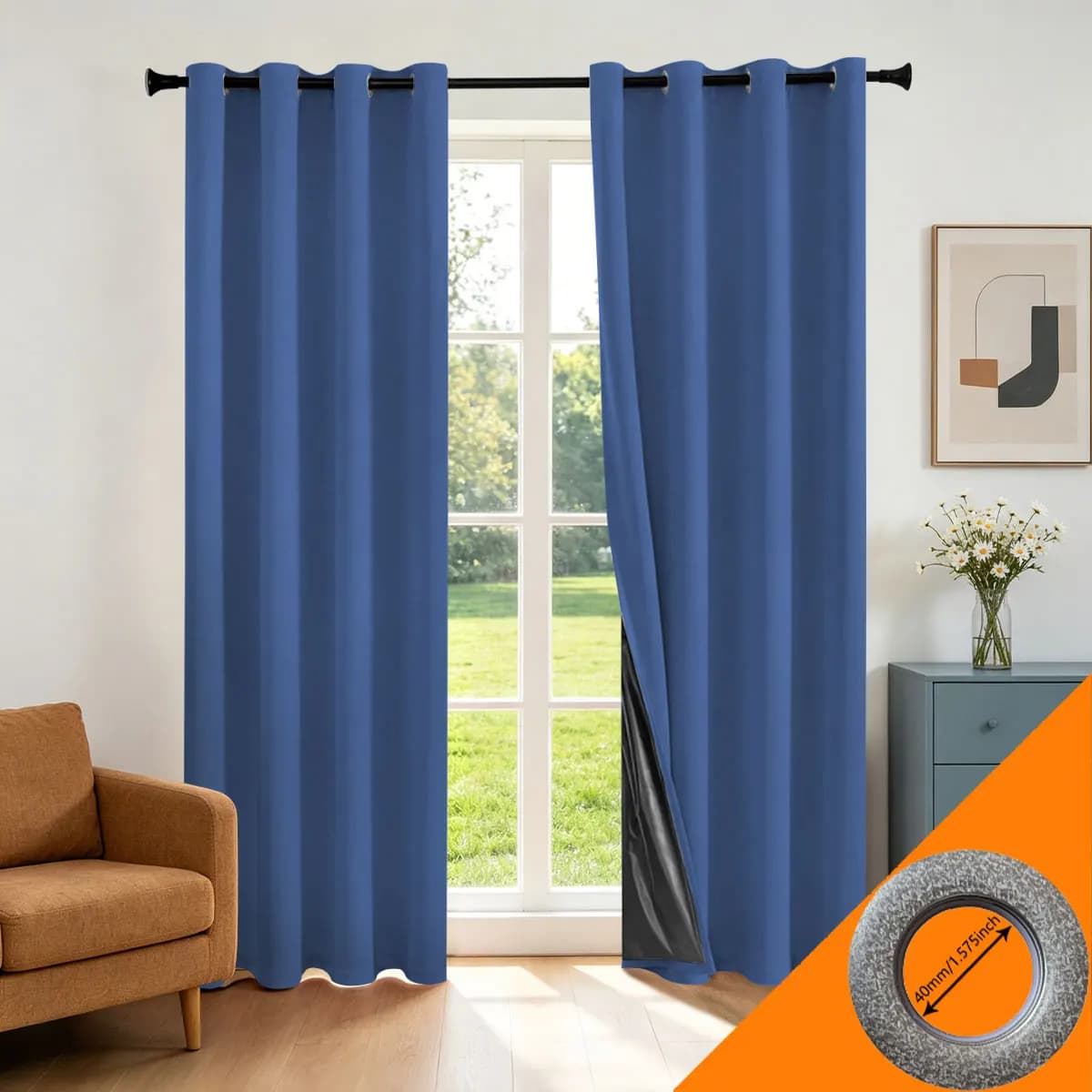 2pcs Deep Navy Blue 100% Light Blocking Grommet Curtain Panels, Modern Industrial Luxury Style, UV Block Weighted Hem Window Cu