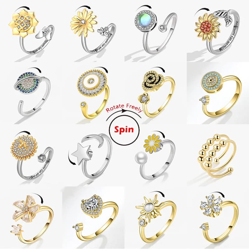 Anello Fidget Spinner di moda di lusso Ansia per le donne Anelli di barretta con farfalla di pianeta di cristallo multiplo Gioielli da sposa antistress