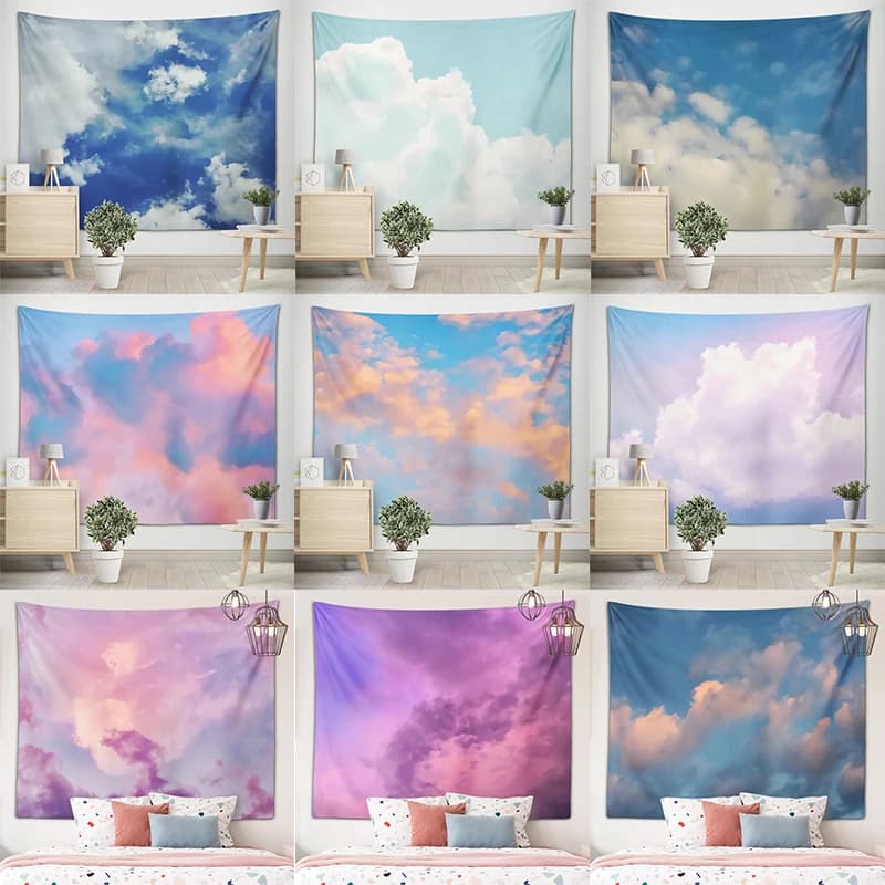 Art space with melodiose clouds, hanging on wall, artist, living room, bedspread, beach towel, hippie bedroom, dormitory, room decoration