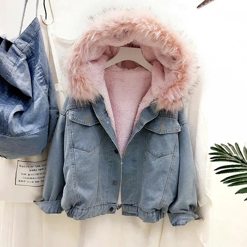 Giacca di jeans moda invernale Cappotto con cappuccio Donna Addensare Capispalla con collo in pelliccia rimovibile Abbigliamento Giacca di jeans foderata in pile caldo