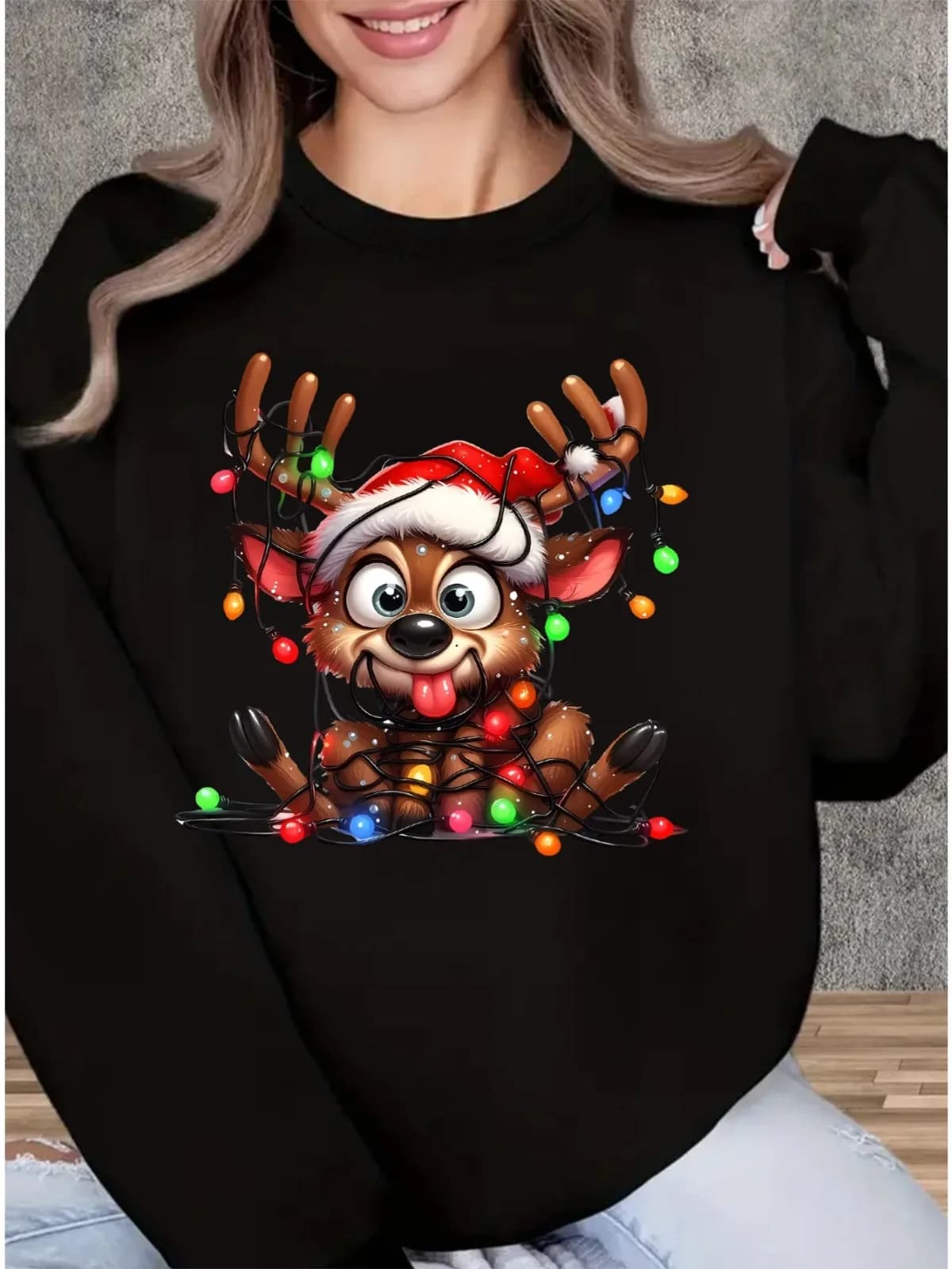 Felpa con cappuccio girocollo con stampa di renne alla moda da donna, pullover casual, comodo regalo per le vacanze, top a maniche lunghe