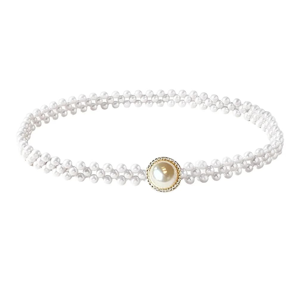Pearl Beads Pearl Waist Chain Thin Narrow Style Stretch Elastic Band Beaded Slim Belt Pearl Strung Design Rhinestone Inlaid