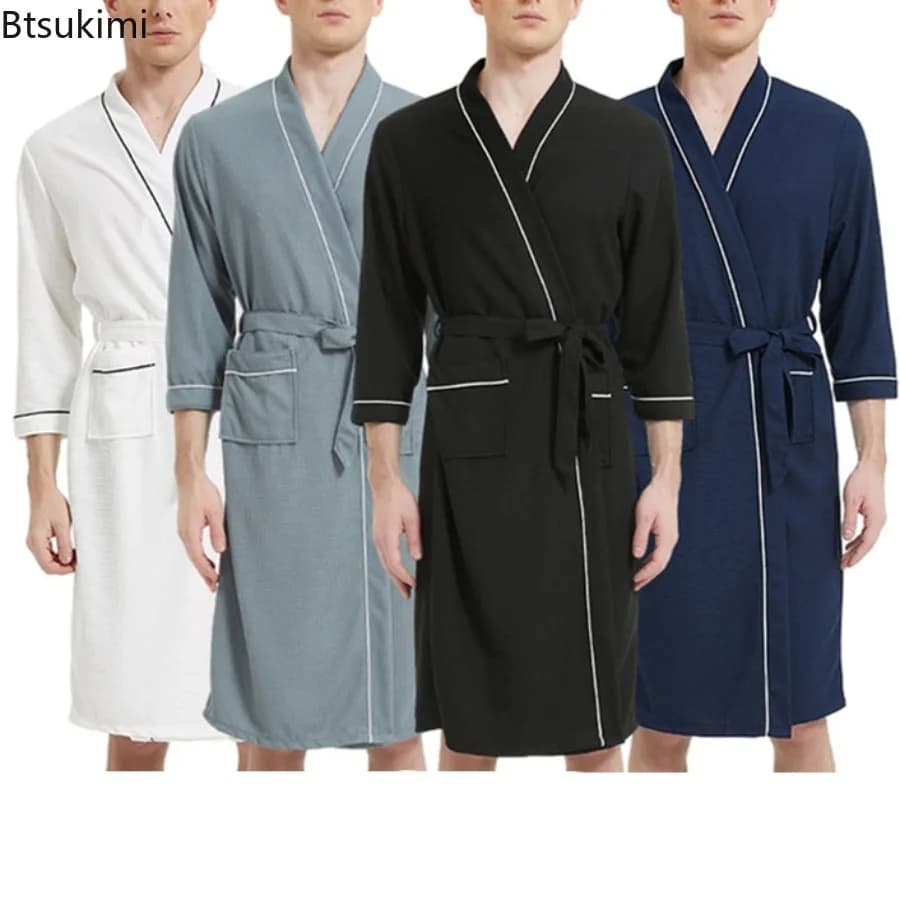 New 2026 Men's Spring Autumn Bathrobe Three-quarters Sleeve Sleepwear Robe Solid Color Loose Lounge Home Clothes for Men Pajamas