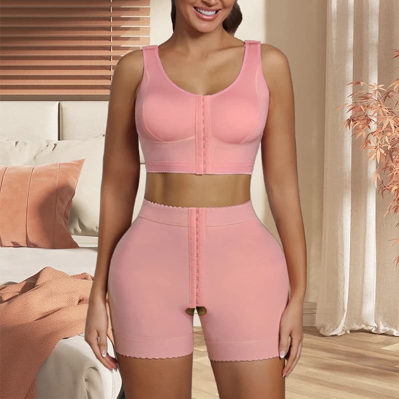 2 pieces woman pink Firm Shapewear Set Post Surgery Stage 2 Faja Shaper top bra and Butt Lifter with opening on horse Shaper Shorts